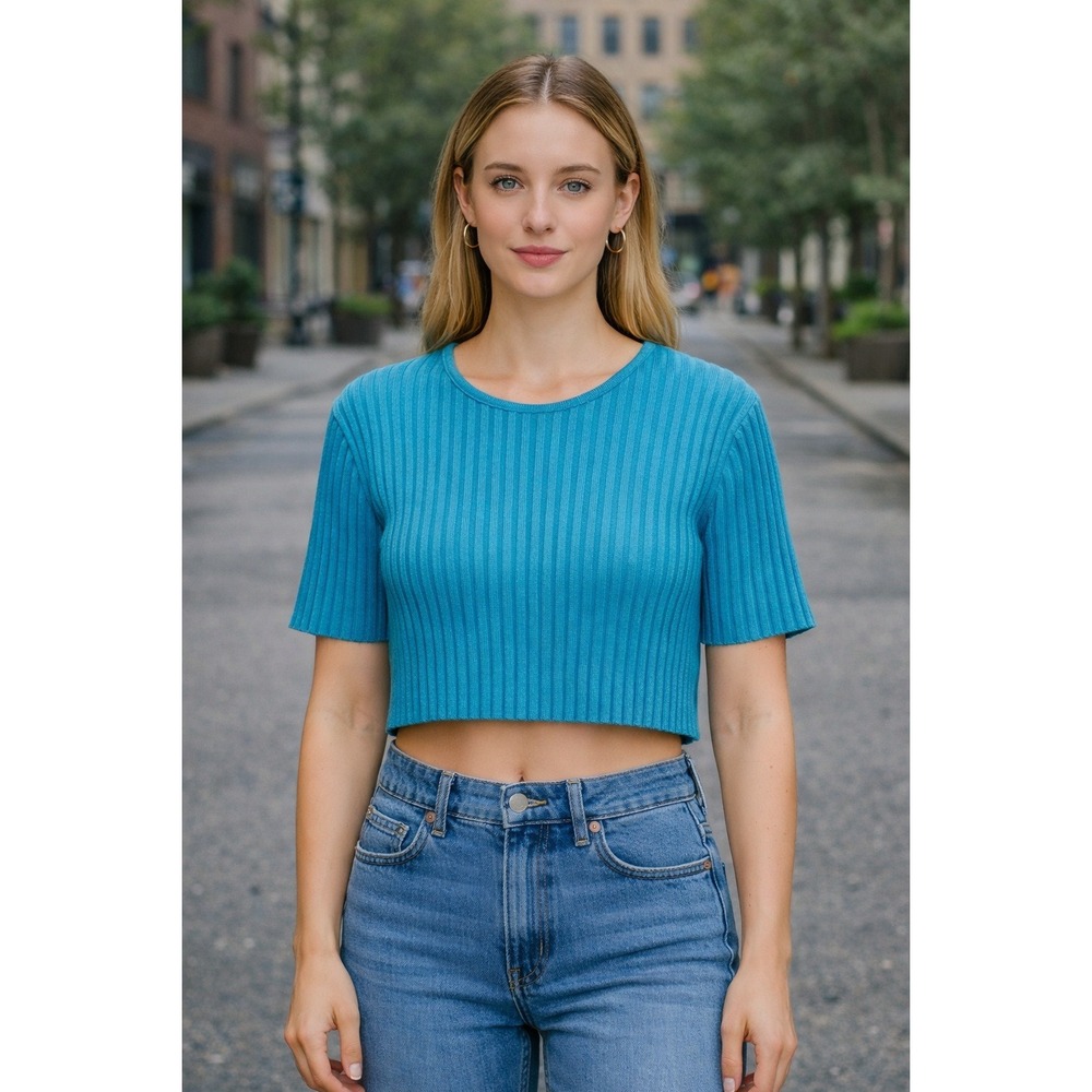 Willow Crop Top Women's XL‎ Short Sleeve Blue Ribbed Casual Cotton Knit USA NWT